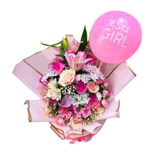  - Handtied bouquet of mixed pink and white flowers with a balloon