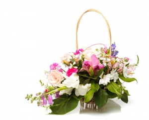  - Basket arrangement of mixed seasonal flowers in white and pink tones..a sweet gift to celebrate a new birth!

