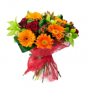  - Sunny bouquet of yellow and orange flowers with roses & gerberas

