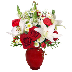  - Darling and divine, this arrangement captures the holiday spirit! With white Asiatic lilies, red roses, gold berries, and red mini carnations, Captivating Christmas will be a delight for all to see. This classy bouquet is a fantastic addition to any ...
