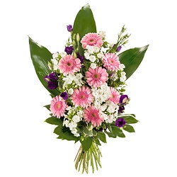  - Classic hand-sheaf in shades of pink and white, with a touch of blue or violet, trimmed with greenery.