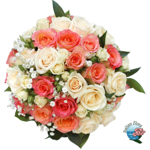  - Bouquet of cream and salmon roses with foliages.