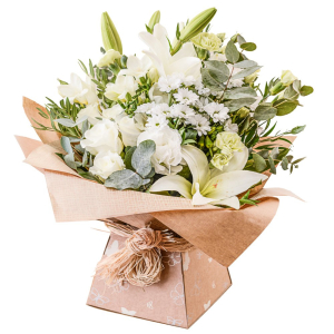  - Elegant and serene — this hand-tied bouquet of white and cream blooms is the perfect all-occasion gift.