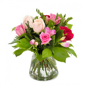  - Bouquet of Red, Pink and whites roses with freesia and foliage. Please note: This image shows an example bouquet. The number of roses is not specified and will be made to value.