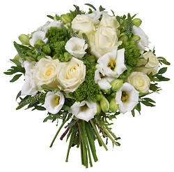  - Round bouquet of white flowers (roses, lisianthus, etc.) enhanced with beautiful greenery.