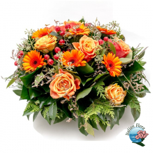  - Funeral Arrangement in oranges to include Gerberas and Roses and greenery.