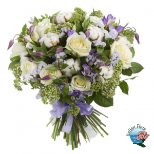  - Bouquet of white roses with purple filler flowers and greenery.