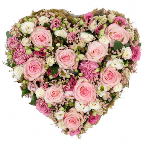  - Funeral heart in shades of pink and white to include roses.