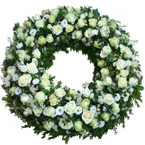 - Wreath of fresh white and green flowers.