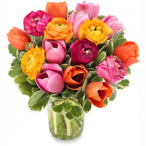  - Bouquet of ranunculus and tulips in bright mixed colours.