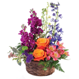  - A fresh blend of colors and flowers can be found in this bold basket. With orange roses, purple stock, and two colors of larkspur, these vibrant colors dance in an arrangement that brings a smile to all who see it! Send Harmony’s Basket to a friend...