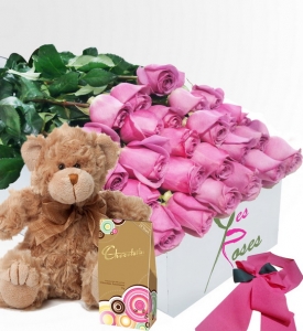 One Dozen Boxed Roses With Chocolates And Teddy Bear