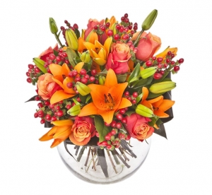  - Lively Bouquet of roses and orange lilies,with green … a thought for a sunny person. (vase not included)