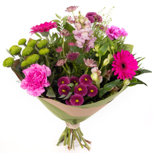  - With its mix of vibrant pink and purple tones complemented by fresh greenery, this bouquet is perfect for marking special occasions or simply adding joy to everyday moments