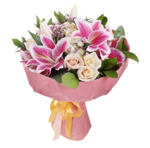  - Bouquet of pink lilies and white roses
