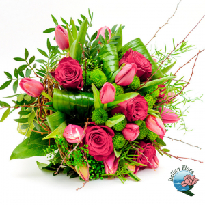  - Bouquet of pink roses and tulips with foliage.