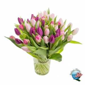  - Bouquet of pink and white tulips with foliage. Please note vase not included.