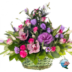  - Exquisite Arrangement of Pink Roses and Purple Flowers, such as Lisianthus, in a Basket with Greenery.