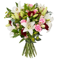  - Long-stemmed bouquet composed of white lilies, light pink roses and other pink seasonal flowers with a touch of red enhanced with greenery