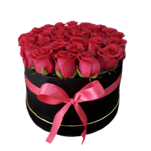  - Hatbox arrangement of red roses with a red ribbon.