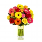  - Arrangements made in a glass vase. Flowers used gerbera and rose in yellow, pink, orange and red with foliage. This amazing arrangement of blossoms is perfect to make someone feel special to you.



