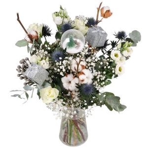  - Our Christmas bouquet is dressed in its finest finery to enhance your holiday wishes. This sublime creation of approximately 45cm in height is composed of cotton flowers, lisianthus, brunia, panicauts, eucalyptus and a beautiful Christmas decoration....