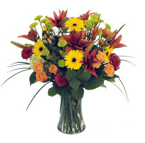  - vase arrangement of fresh cut flowers in fall shades.                             