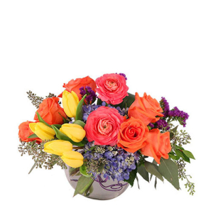  - This vivid bouquet is sure to be a hit! With lovely yellow tulips, superb coral roses, stylish purple statice, gorgeous coral ranunculus, and luscious blue hydrangea, Vivid Splendor is a refreshing burst of color. They're the perfect choice for summer!