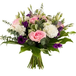  - A round bouquet of short-stem pink and white flowers accented with a hint of blue or purple (depending on availability at florist's) and assorted greenery.