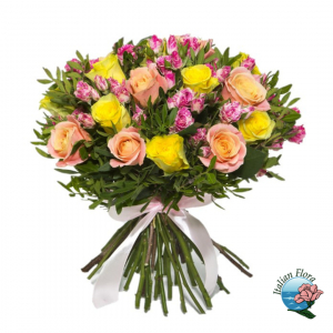  - Bouquet of Yellow and Orange Roses, Pink Daisies, and Greenery.